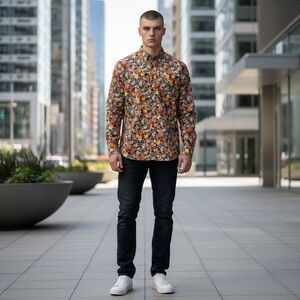 Club Room Multicolor Men’s Autumn Leaf Poplin Long Sleeve Button Down M
